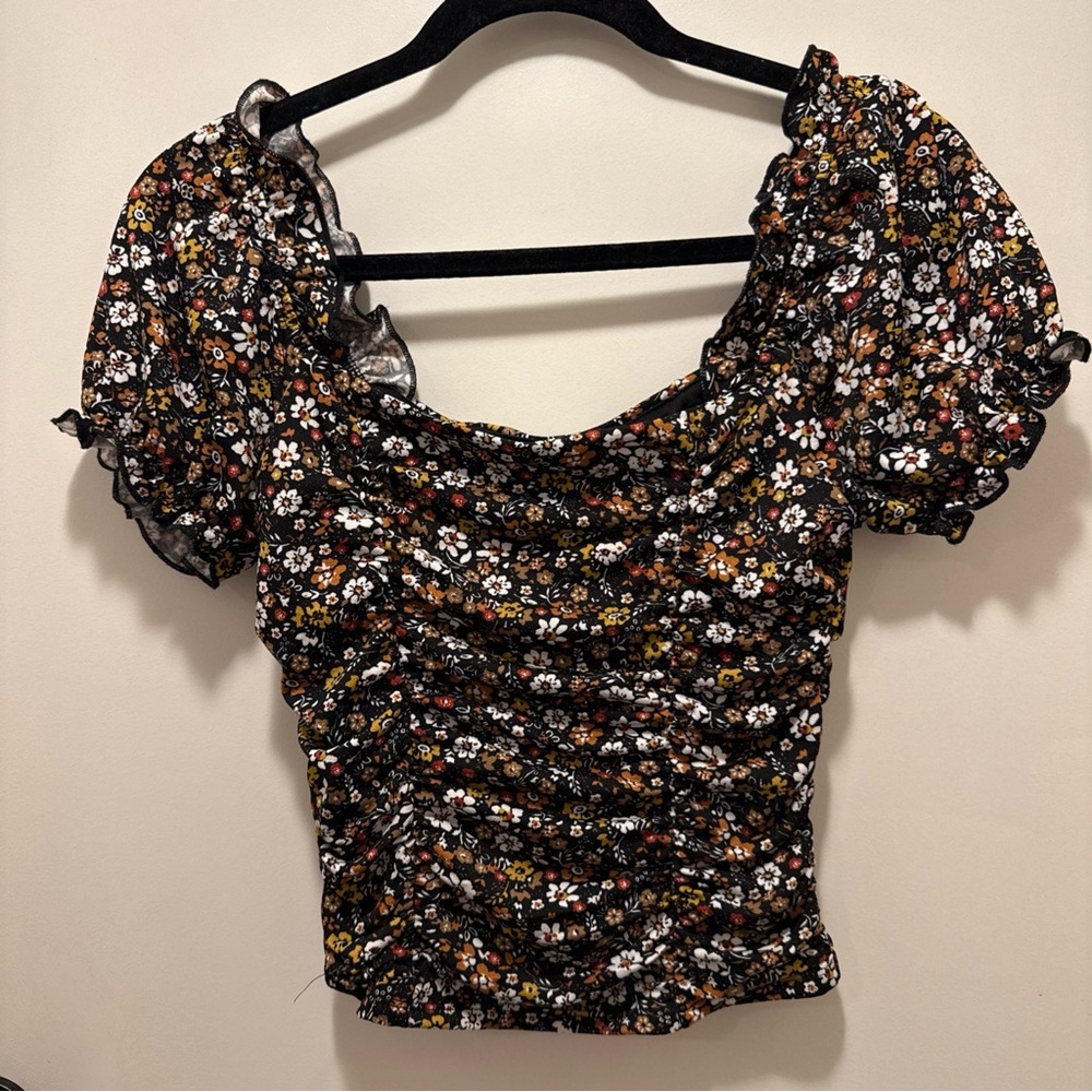 Moa Moa Black Floral Ruched Blouse